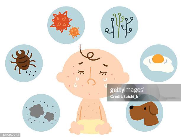 illustrazioni stock, clip art, cartoni animati e icone di tendenza di baby allergia - piangere