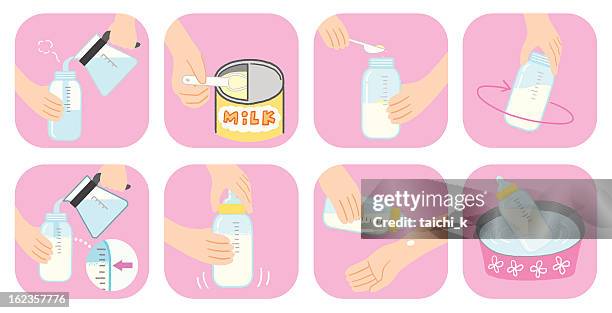 how to make milk - hand holding a bottle stock illustrations