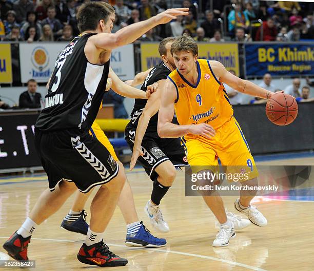 Egor Vyaltsev, #9 of BC Khimki Moscow Region in action during the 2012-2013 Turkish Airlines Euroleague Top 16 Date 8 between BC Khimki Moscow Region...