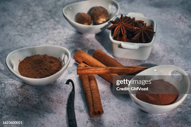 variação de especiarias chili em pó, canela, pimenta caiena, noz-moscada e anis estrelado - cardamom - fotografias e filmes do acervo