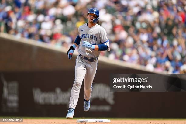Bobby Witt Jr. #7 of the Kansas City Royals hits a two-run home run in sixth inning against the Chicago Cubs at Wrigley Field on August 18, 2023 in...