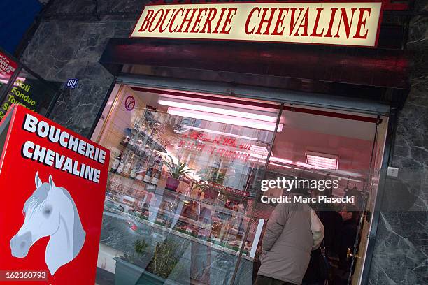 General view of signage outside a 'boucherie chevaline' , which is continuing to sell horsemeat despite the continued scandal across Europe involving...