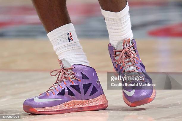 The NIKE shoes worn by LeBron James of the Miami Heat and the Eastern Conference are seen during the 2013 NBA All-Star game at the Toyota Center on...