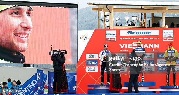 Jason Lamy-Chappuis of France takes the gold medal, Mario Stecher of Austria takes the silver medal, Bjoern Kircheisen of Germany takes the bronze...