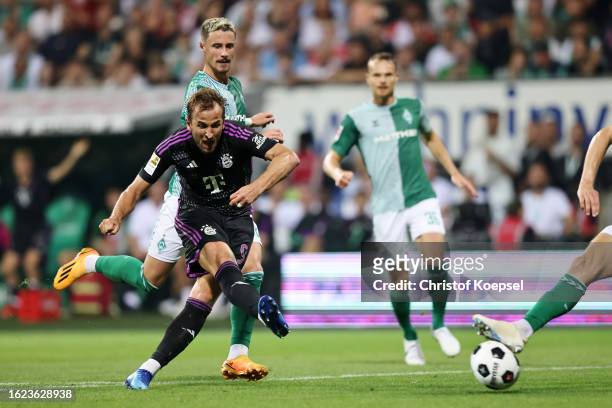 Harry Kane of Bayern Munich scores the team's second goal during the Bundesliga match between SV Werder Bremen and FC Bayern München at Wohninvest...