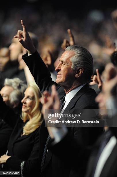 Pat Riley stands during the memorial service for Los Angeles Lakers Owner Dr. Jerry Buss at Nokia Theatre LA LIVE on February 21, 2013 in Los...