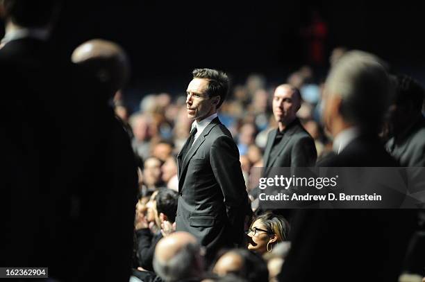 Steve Nash stands during the memorial service for Los Angeles Lakers Owner Dr. Jerry Buss at Nokia Theatre LA LIVE on February 21, 2013 in Los...