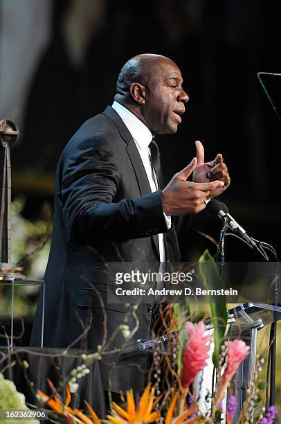 Earvin Magic Johnson speaks during the memorial service for Los Angeles Lakers Owner Dr. Jerry Buss at Nokia Theatre LA LIVE on February 21, 2013 in...