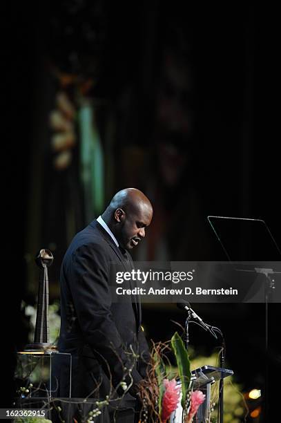 Shaquille O'Neal speaks during the memorial service for Los Angeles Lakers Owner Dr. Jerry Buss at Nokia Theatre LA LIVE on February 21, 2013 in Los...