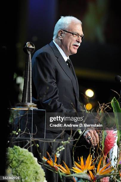 Phil Jackson speaks during the memorial service for Los Angeles Lakers Owner Dr. Jerry Buss at Nokia Theatre LA LIVE on February 21, 2013 in Los...