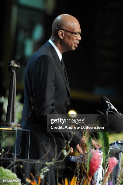 Kareem Abdual Jabbar speaks during the memorial service for Los Angeles Lakers Owner Dr. Jerry Buss at Nokia Theatre LA LIVE on February 21, 2013 in...