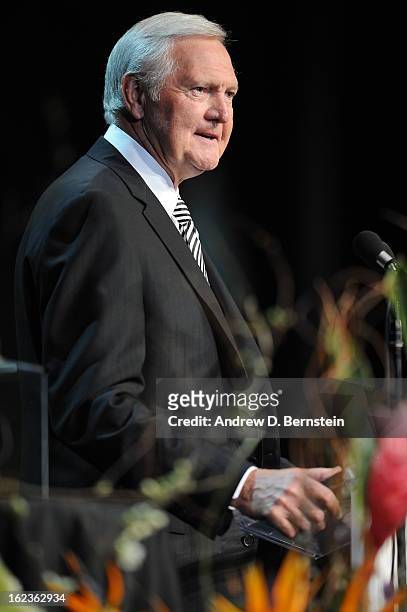 Jerry West speaks during the memorial service for Los Angeles Lakers Owner Dr. Jerry Buss at Nokia Theatre LA LIVE on February 21, 2013 in Los...