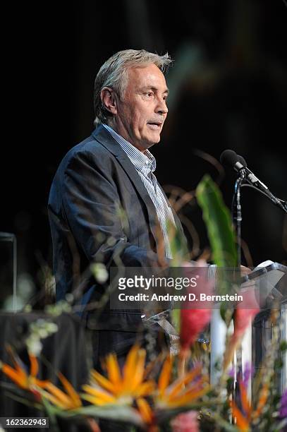 Johnny Buss speaks during the memorial service for Los Angeles Lakers Owner Dr. Jerry Buss at Nokia Theatre LA LIVE on February 21, 2013 in Los...