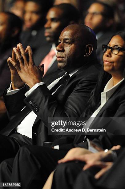 Earvin Magic Johnson attends the memorial service for Los Angeles Lakers Owner Dr. Jerry Buss at Nokia Theatre LA LIVE on February 21, 2013 in Los...