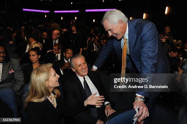 Los Angeles Lakers General Manager Mitch Kupchak speaks with Pat Riley before the memorial service for Los Angeles Lakers Owner Dr. Jerry Buss at...