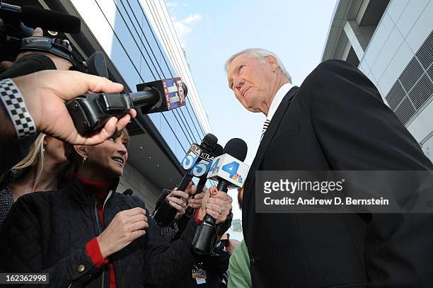 Jerry West speaks to the media before the memorial service for Los Angeles Lakers Owner Dr. Jerry Buss at Nokia Theatre LA LIVE on February 21, 2013...
