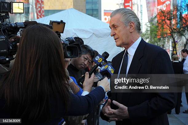 Pat Riley speaks with the media before the memorial service for Los Angeles Lakers Owner Dr. Jerry Buss at Nokia Theatre LA LIVE on February 21, 2013...