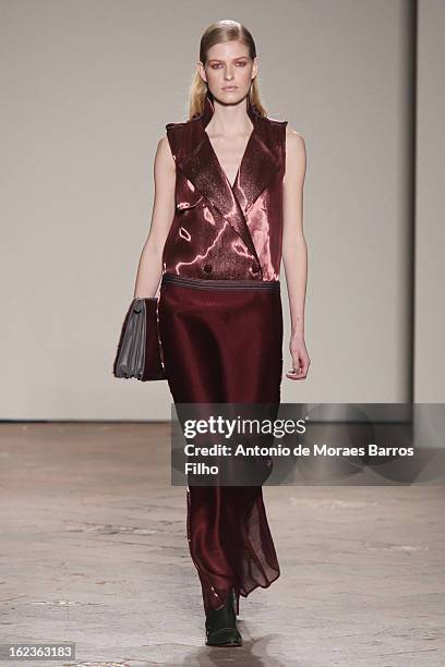 Model walks the runway at the Gabriele Colangelo fashion show during Milan Fashion Week Womenswear Fall/Winter 2013/14 on February 22, 2013 in Milan,...