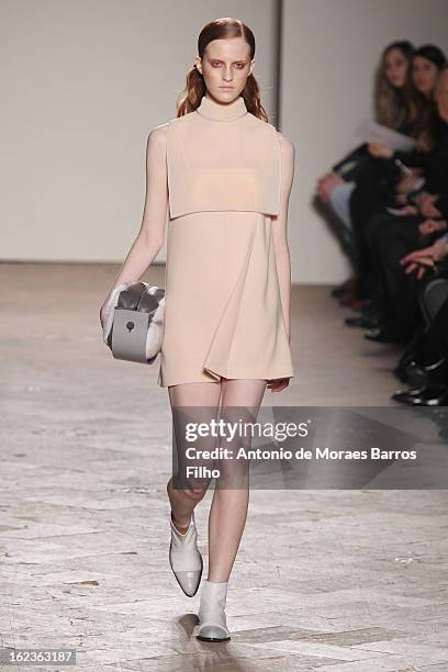 Model walks the runway at the Gabriele Colangelo fashion show during Milan Fashion Week Womenswear Fall/Winter 2013/14 on February 22, 2013 in Milan,...