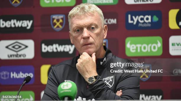 David Moyes of West Ham United during his Press conference after training at London Stadium on August 18, 2023 in Romford, England.