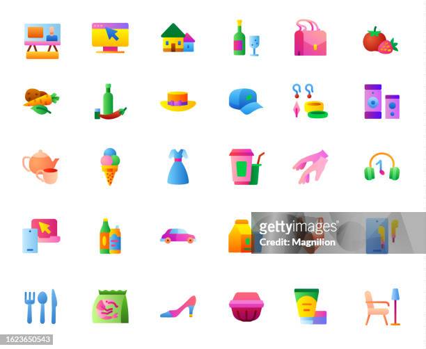 ilustraciones, imágenes clip art, dibujos animados e iconos de stock de conjunto de iconos de productos de consumo - bolsa de cor creme