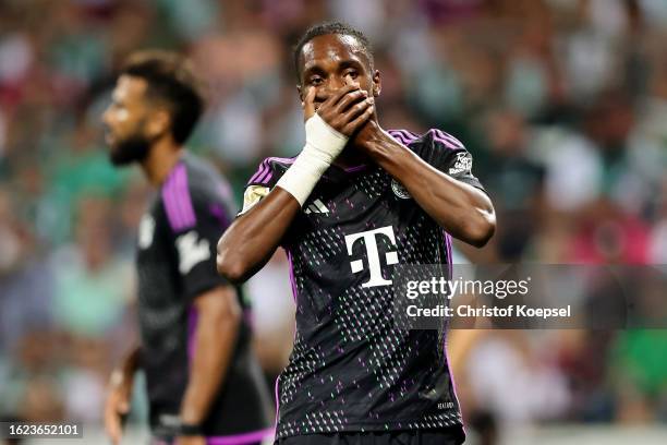 Mathys Tel of Bayern Munich celebrates after scoring the team's fourth goal during the Bundesliga match between SV Werder Bremen and FC Bayern...