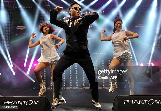 South Korean singer Psy performs his hit single "Gangnam Style" during a concert in Istanbul as part of the Istanbul Blue Night festival on February...