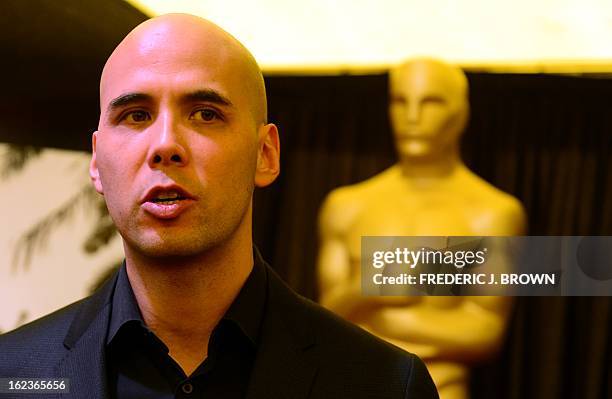 Director Kim Nguyen from the Canadian film 'War Witch' is interviewed by the media in Hollywood on February 22, 2013 in California, where directors...