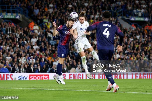 Luke Ayling of Leeds United scores the team's first goal during the Sky Bet Championship match between Leeds United and West Bromwich Albion at...