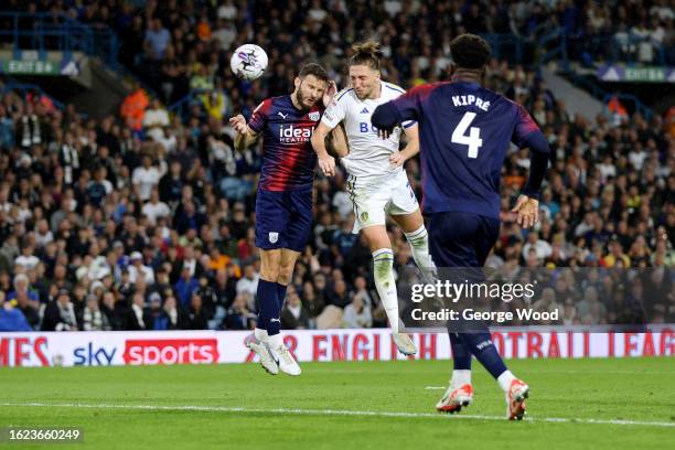 Luke Ayling of Leeds United scores the team's first goal during the Sky Bet Championship match between Leeds United and West Bromwich Albion at...