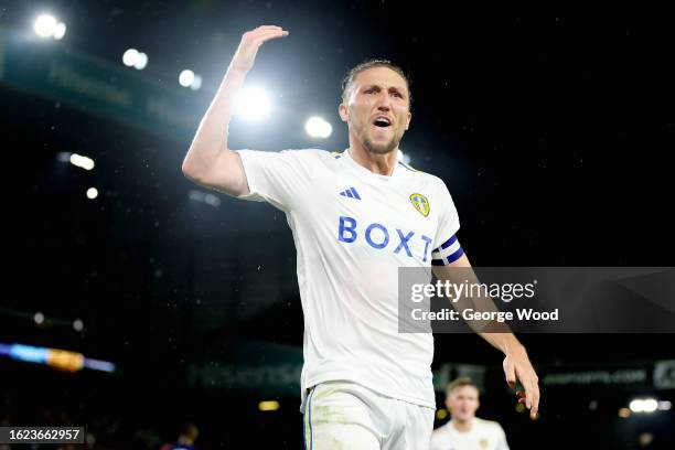 Luke Ayling of Leeds United celebrates after scoring the team's first goal during the Sky Bet Championship match between Leeds United and West...