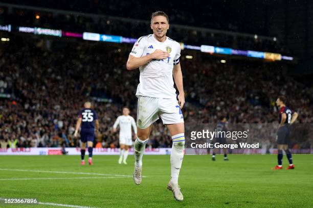 Luke Ayling of Leeds United celebrates after scoring the team's first goal during the Sky Bet Championship match between Leeds United and West...