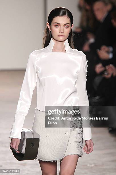 Model walks the runway at the Gabriele Colangelo fashion show during Milan Fashion Week Womenswear Fall/Winter 2013/14 on February 22, 2013 in Milan,...