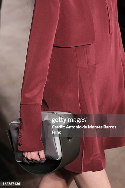 Model walks the runway at the Gabriele Colangelo fashion show during Milan Fashion Week Womenswear Fall/Winter 2013/14 on February 22, 2013 in Milan,...