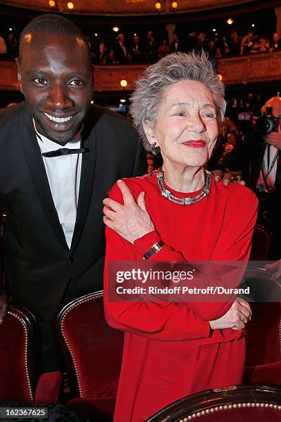 Emmanuelle Riva and Omar Sy pose prior to the Cesar Film Awards 2013 at Theatre du Chatelet on February 22, 2013 in Paris, France.