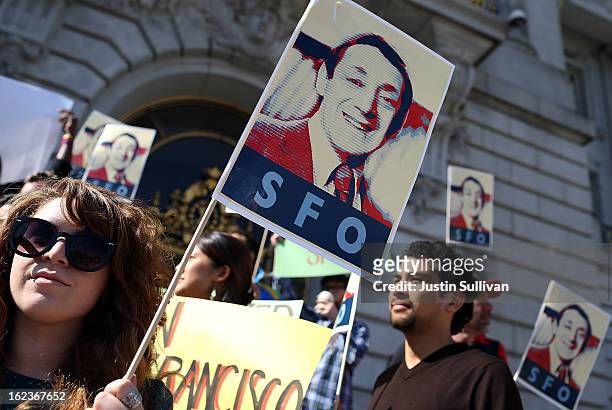 Supporters hold signs with the image of slain San Francisco supervisor Harvey Milk during a rally at San Francisco City Hall on February 22, 2013 in...