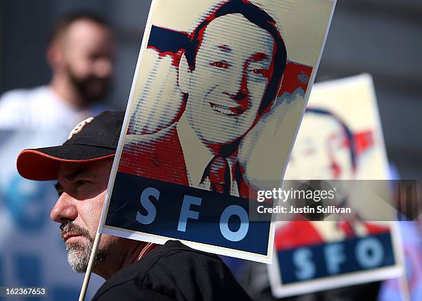 Supporters hold signs with the image of slain San Francisco supervisor Harvey Milk during a rally at San Francisco City Hall on February 22, 2013 in...