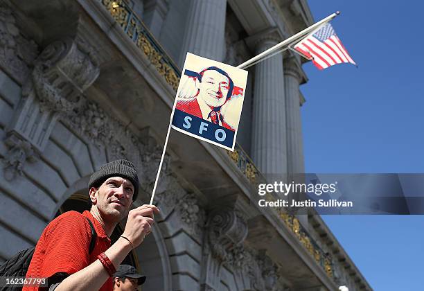 Supporter holds a sign with the image of slain San Francisco supervisor Harvey Milk during a rally at San Francisco City Hall on February 22, 2013 in...