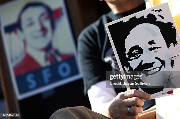 Supporters hold signs with the image of slain San Francisco supervisor Harvey Milk during a rally at San Francisco City Hall on February 22, 2013 in...