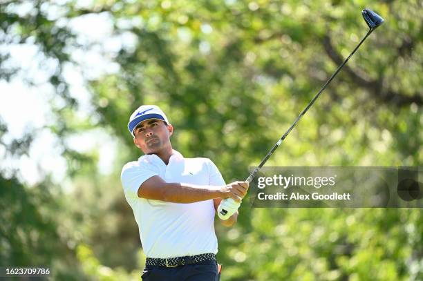 Bryson Nimmer tees off on the fifth hole during the second round of the Albertsons Boise Open presented by Chevron at Hillcrest Country Club on...