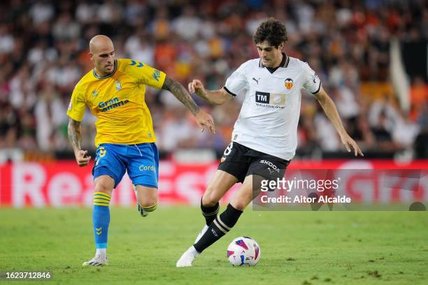 Javi Guerra of Valencia runs with the ball whilst under pressure from Sandro Ramirez of Las Palmas during the LaLiga EA Sports match between Valencia...