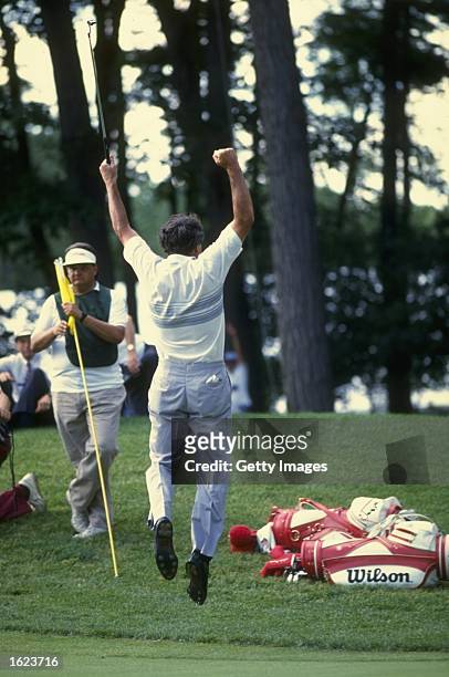 Hale Irwin of the USA celebrates after winning the US Open at the Medinah Country Club in Illinois, USA. Irwin won the event after a play-off against...