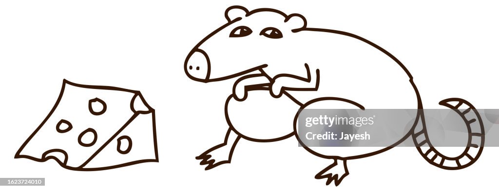 A mouse sneaking up to a hunk of cheese