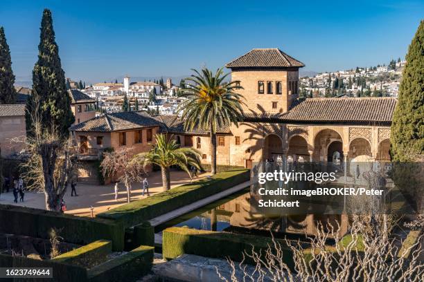 the partal palace and gardens, alhambra world heritage site in granada, andalusia, spain - alhambra spanien bildbanksfoton och bilder