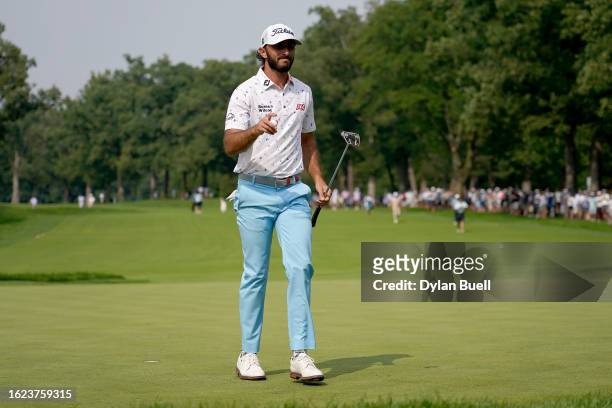 Max Homa of the United States reacts after making birdie on the 15th green during the second round of the BMW Championship at Olympia Fields Country...