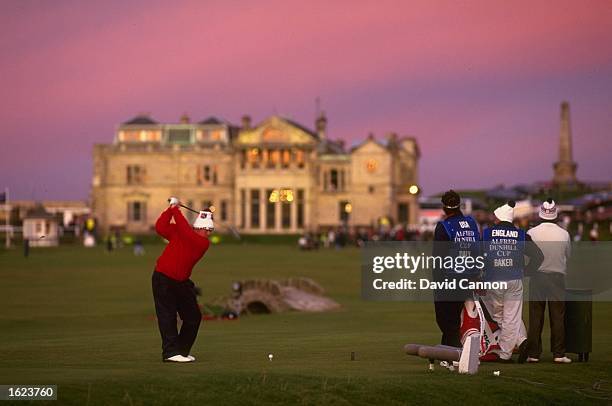 John Daly of the USA drives at the 18th hole in front of the clubhouse during the Alfred Dunhill Cup at St Andrews in Scotland. USA won the event. \...