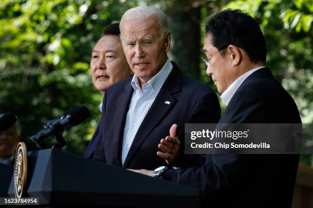 Korean President Yoon Suk Yeol, U.S. President Joe Biden and Japanese Prime Minister Kishida Fumio hold a joint news conference following three-way...