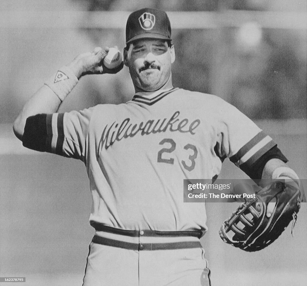 FEB 26 1989; Special Transmission for the Denver Post--Milwaukee Brewers infielder Joey Myers warms