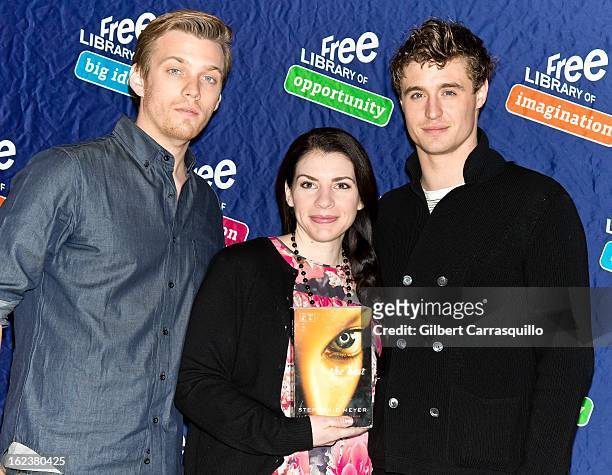 Actor Jake Abel, author Stephenie Meyer and actor Max Irons attend a book signing for "The Host" at Free Library of Philadelphia on February 22, 2013...