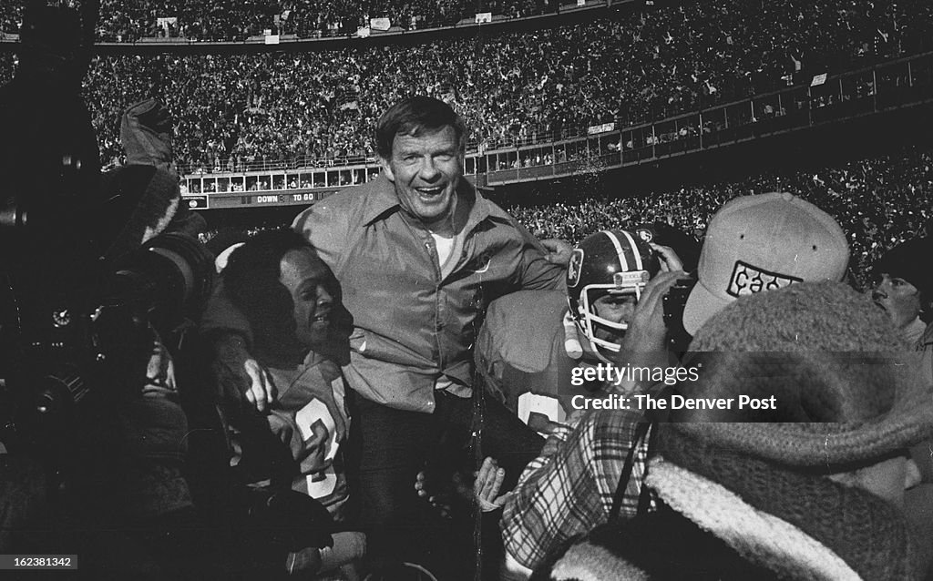 JAN 2 1978, JUL 4 1983; Bronco Coach Robert 'Red' Miller gets the traditional ride ***** The field o